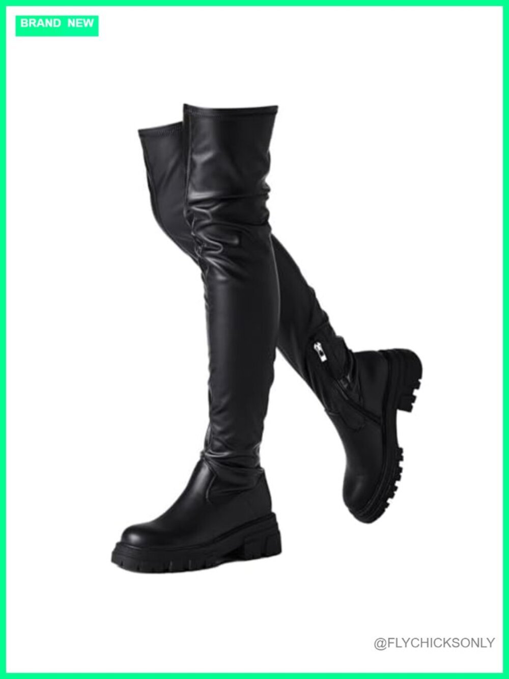 Thigh High Boots Platform Lug Sole Chunky Heels Stretchy Faux Leather Over The